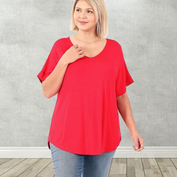 SOFT! Stretchy Luxe Rayon Short Cuff Sleeve V-Neck T-Shirt - Picture 4 of 11